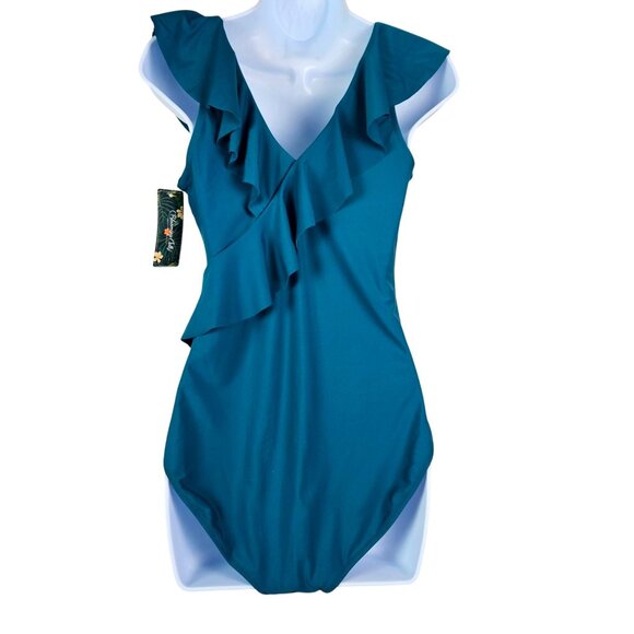 Blooming Jelly Womens Stunning Ruffle V-Neck One Piece Swimsuit Size Large Sexy - Picture 5 of 9